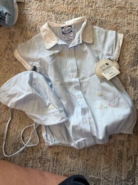 Carter's Pale Blue Embroidered Baby Romper with Bonnet